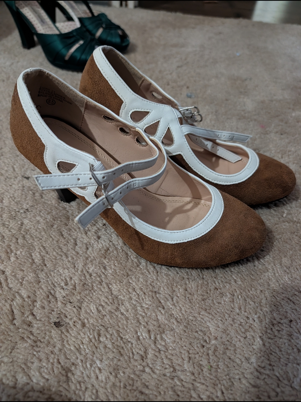 Classic Brown Suede Mary Jane Heels with White Trim
